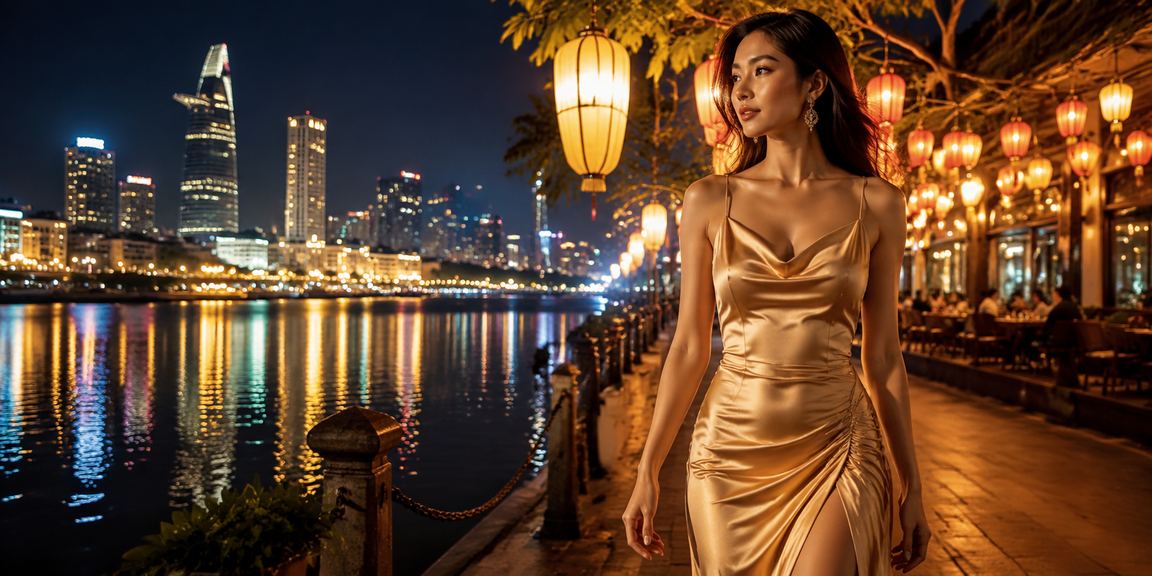 Cảnh chợ đêm TP. Hồ Chí Minh với người dùng xem kết quả xổ số trên điện thoại
