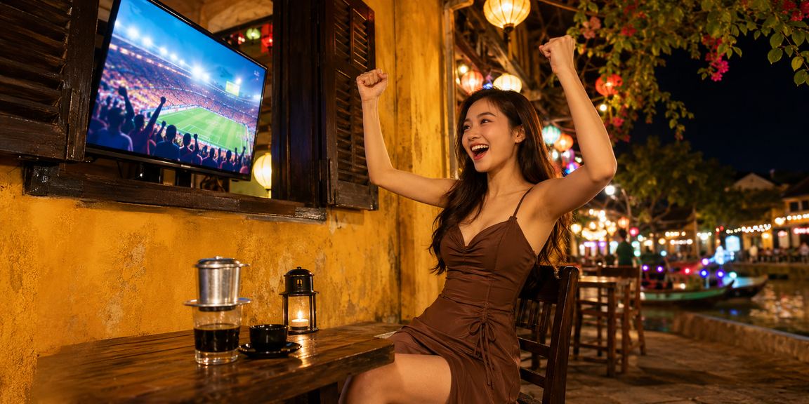 Người xem kèo cá cược bóng đá tại quán cà phê phố cổ Hội An với điện thoại trên tay