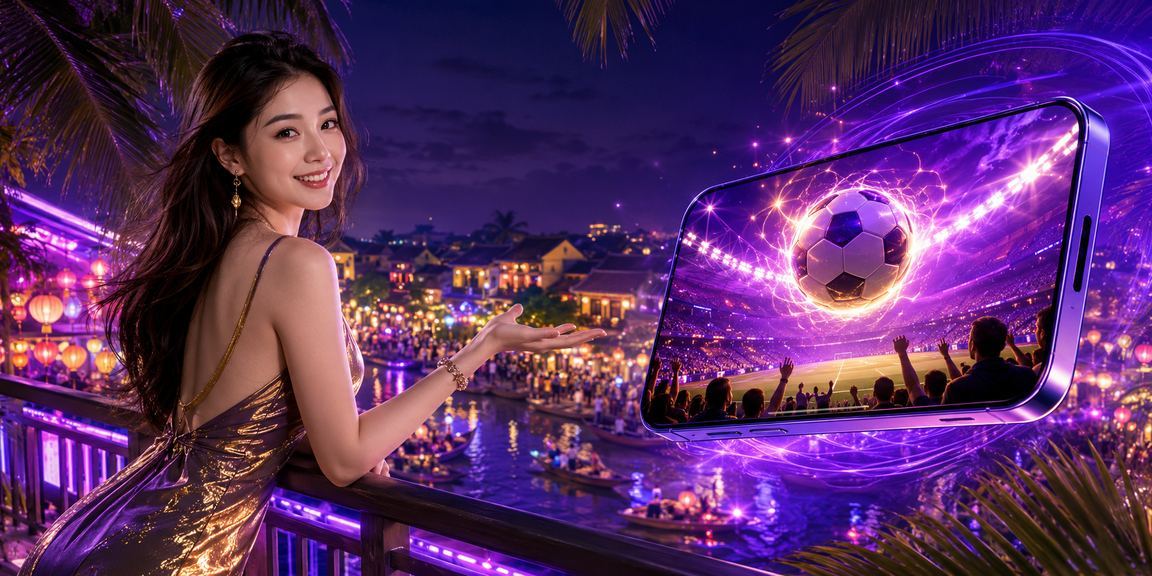 Người dùng trải nghiệm cược thể thao trực tuyến trên điện thoại giữa không gian đèn lồng Hội An về đêm